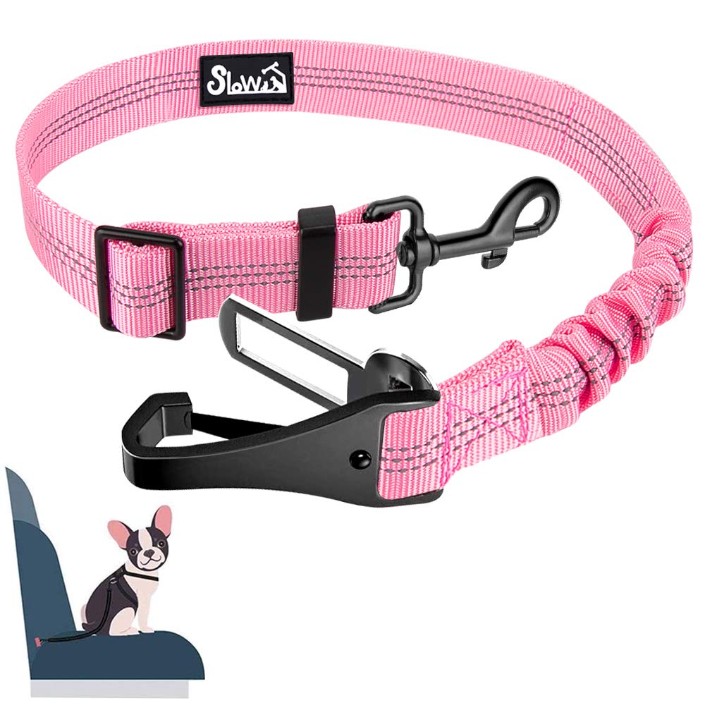SlowTon Adjustable Dog Seat Belt - 2-in-1 Safety Harness with Elastic Bungee Buffer & Reflective Nylon Tether for Car Travel | Secure Pet Restraint System for Small to Medium Dogs | Perfect for Road Trips, Vet Visits & Daily Commutes (Pink)