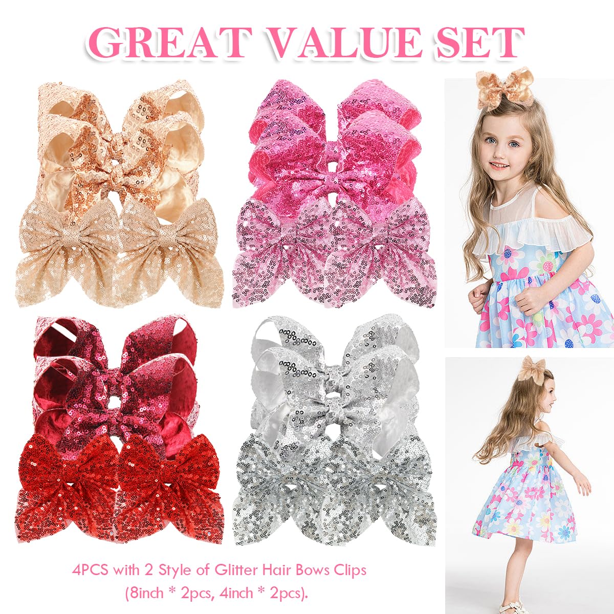 Aaiffey Sparkly Sequin Glitter Hair Bows for Girls - 4PCS Pink Alligator Clip Hair Accessories for Toddlers, Kids & Teens | Perfect for Parties, School, and Everyday Wear
