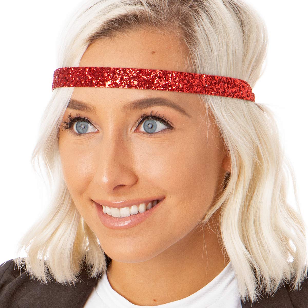 Sparkly Glitter Headbands for Women & Girls - Adjustable No-Slip Skinny Headbands 3 Pack (Black/Red/Gold) | Perfect for Sports, Workouts, School & Everyday Fashion Accessories