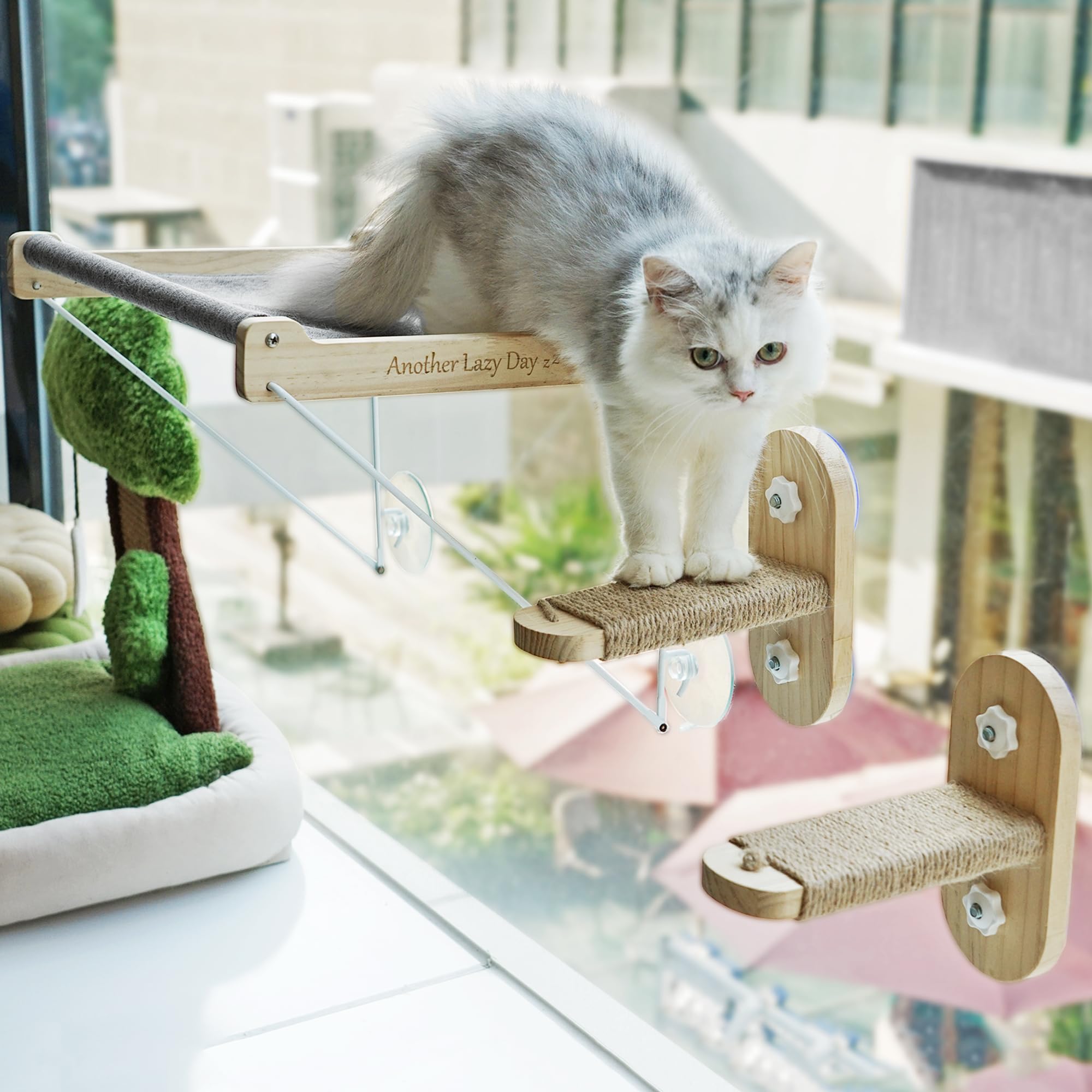 PETKARAY Foldable Cat Window Perch & Hammock - Sturdy Window Shelf for Indoor Cats with 2 Stairs - Perfect for Sunny Windows, Cat Lounging & Bird Watching
