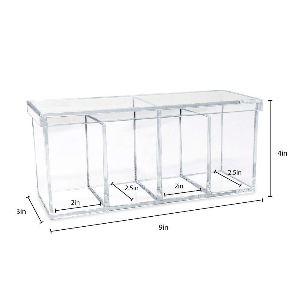 Isaac Jacobs 2-Pack Clear Acrylic Makeup Brush Organizer with Lid - 4 Compartment Sectional Storage Tray for Cosmetics, Jewelry, Office Supplies & Crafts (9”x3”x4”) - Perfect for Vanity, Bathroom & Desk Organization