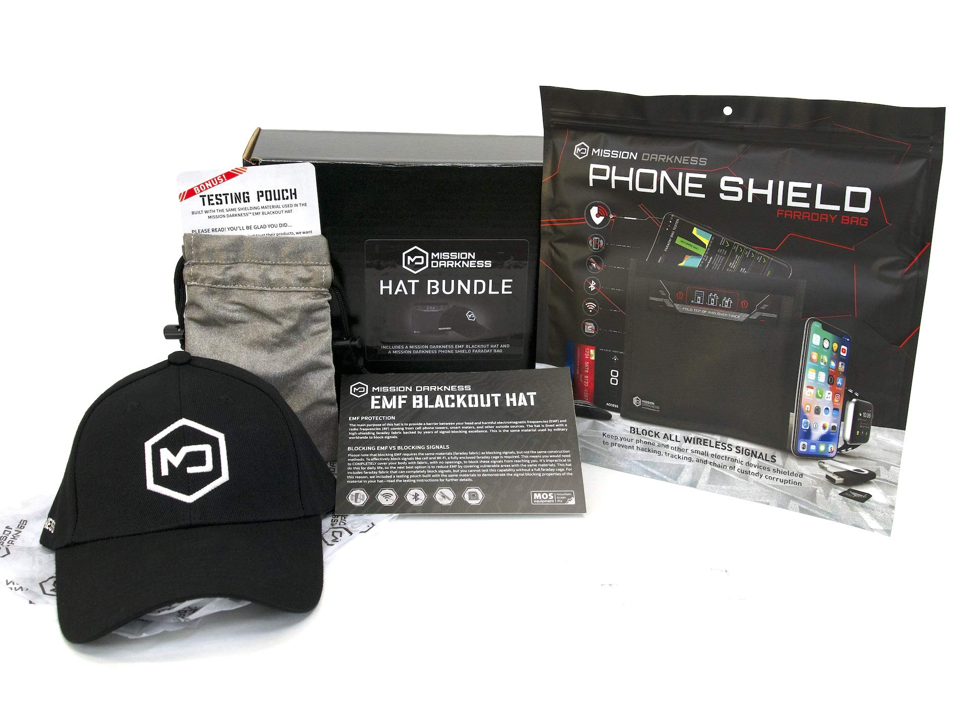 Mission Darkness Limited Edition Faraday Hat Bundle - EMF Blackout Hat & Phone Shield Faraday Bag - RF Shielding Protection for Travel, Privacy & Security - Unique Gift for Tech Enthusiasts