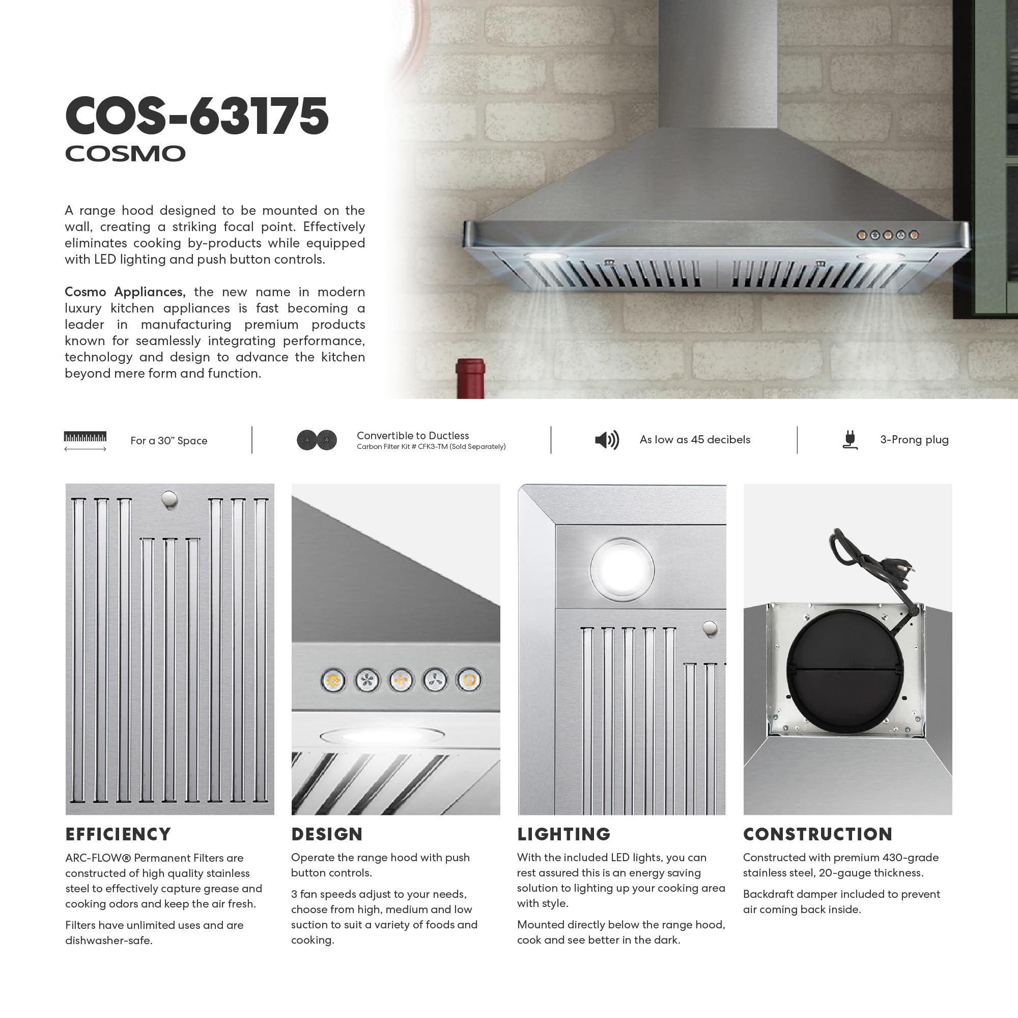 COSMO COS-63175 30-inch Stainless Steel Wall Mount Range Hood - 380 CFM Ducted Ventilation with Button Controls & LED Lights | Perfect for Modern Kitchens & Open Concept Homes