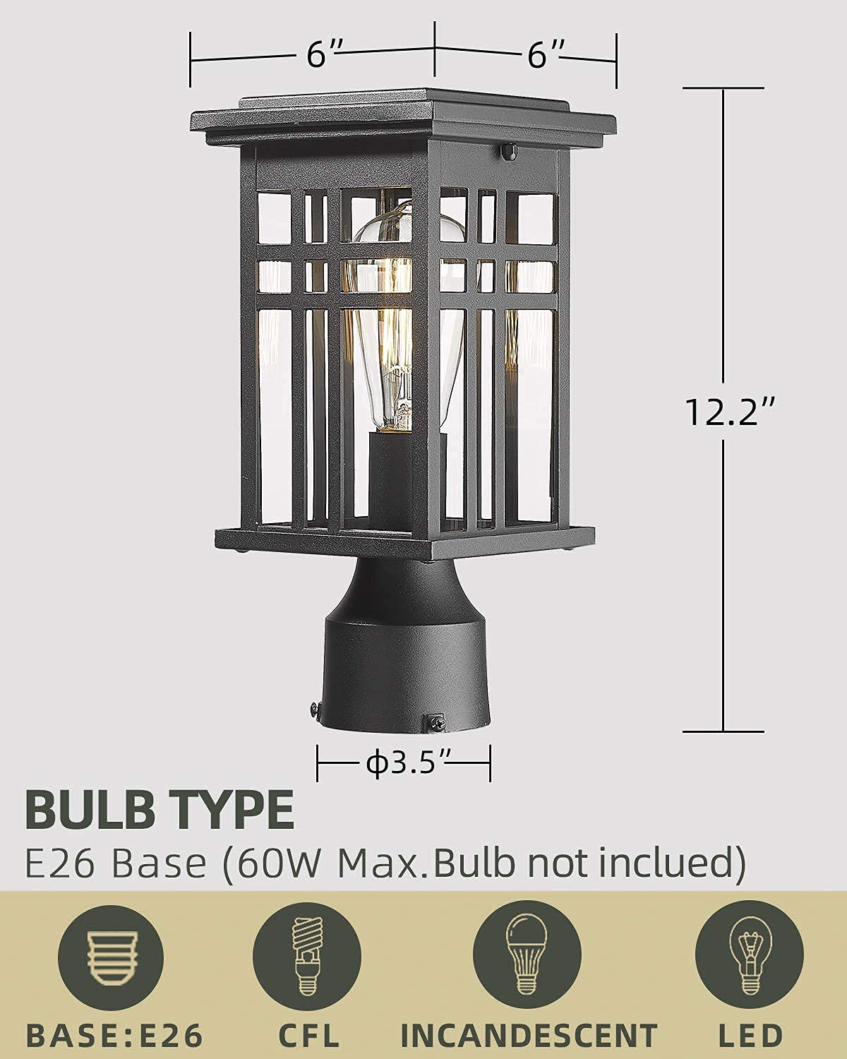 HWH Industrial Pole Lamp with Dusk to Dawn Sensor - Matte Black Exterior Wall Lantern with Clear Glass Shade - Outdoor Porch Lights for Garden, Garage, Balcony & Patio Lighting