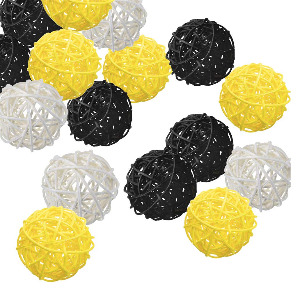 15 Pack Rattan Wicker Balls Decoration - Natural White Yellow Black Woven Balls for Bee Themed Party, Baby Shower, Birthday, Wedding Table Decor (2 Inch) - Perfect for Honeycomb Centerpieces, Bumblebee Nursery Decor, and Rustic Wedding Accents