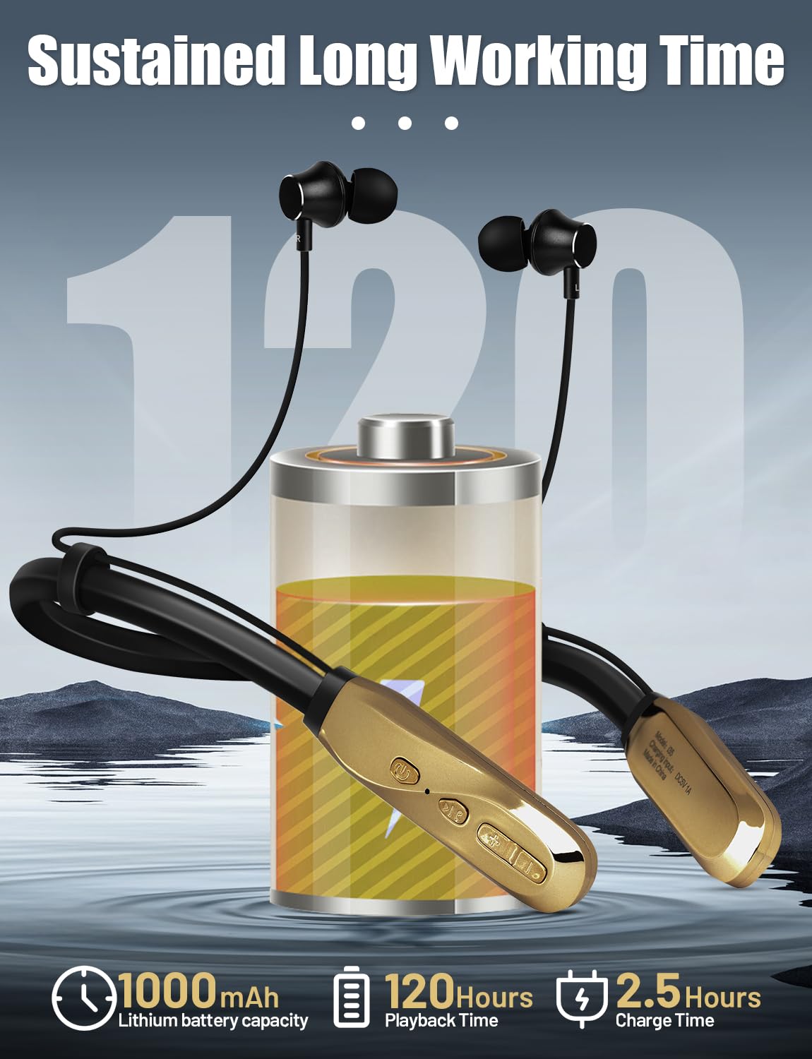 120H Playtime Wireless Bluetooth Neckband Headphones with Mic, IPX5 Waterproof Stereo Earbuds for Sports, Workout, Office & Travel - Comfortable Over-The-Neck Design (Gold) | Perfect for Running, Gym, Commuting & Remote Work