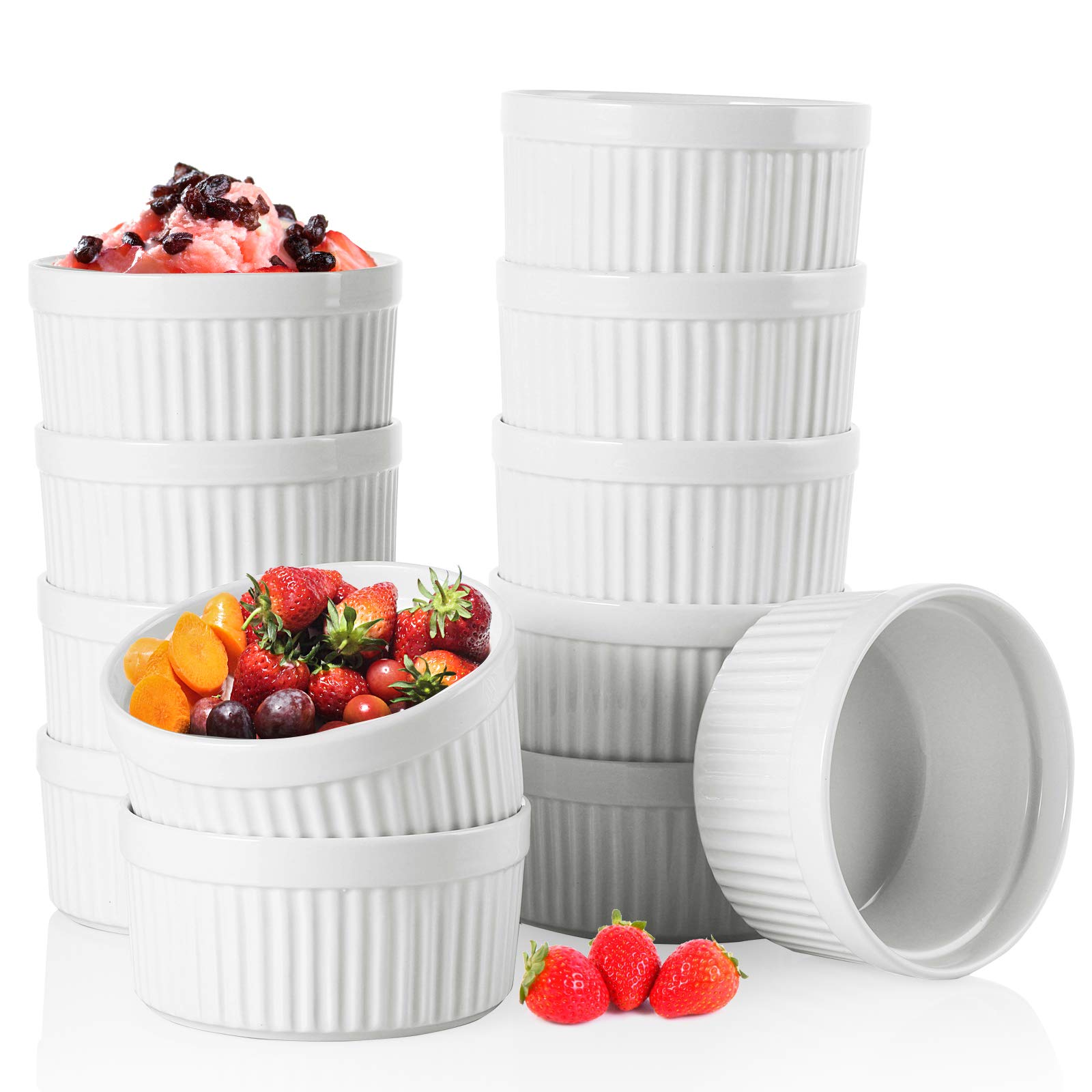 Foraineam 12-Piece 8 oz Porcelain Souffle Ramekins Set - Oven Safe White Baking Dishes for Desserts, Custards, Creme Brulee - Perfect for Baking, Cooking & Serving at Home, Restaurants or Cafes