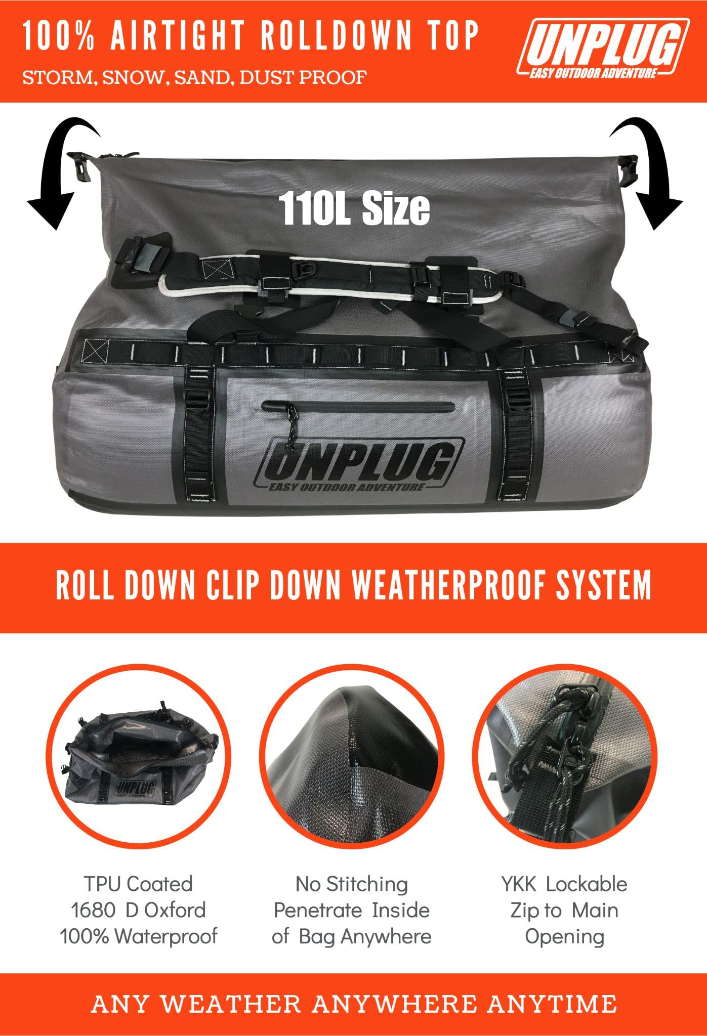 UNPLUG Ultimate Adventure Bag - 1680D Heavy Duty Waterproof Travel Duffel Bag for Camping, Hiking, Motorcycle & Boating | Tactical Duffle Backpack for Outdoor Sports, Travel & Emergency Preparedness