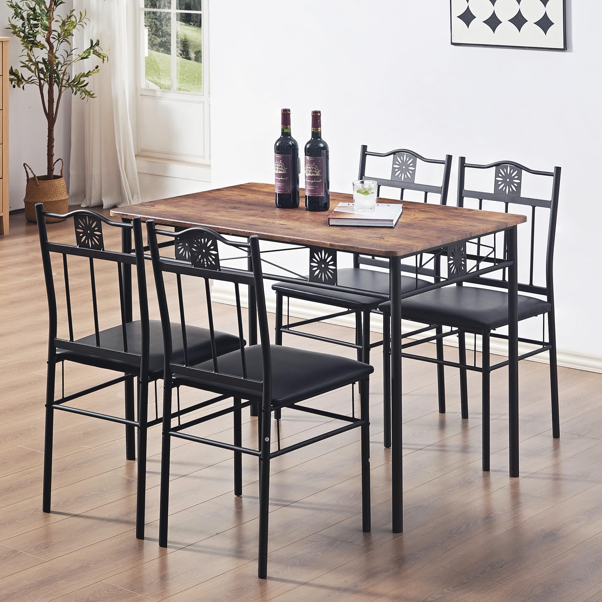 VECELO 5-Piece Retro Brown Kitchen Dining Table Set with Metal & Wood Rectangular Table and 4 Chairs - Perfect for Breakfast Nook, Small Space Dining, and Cozy Family Meals
