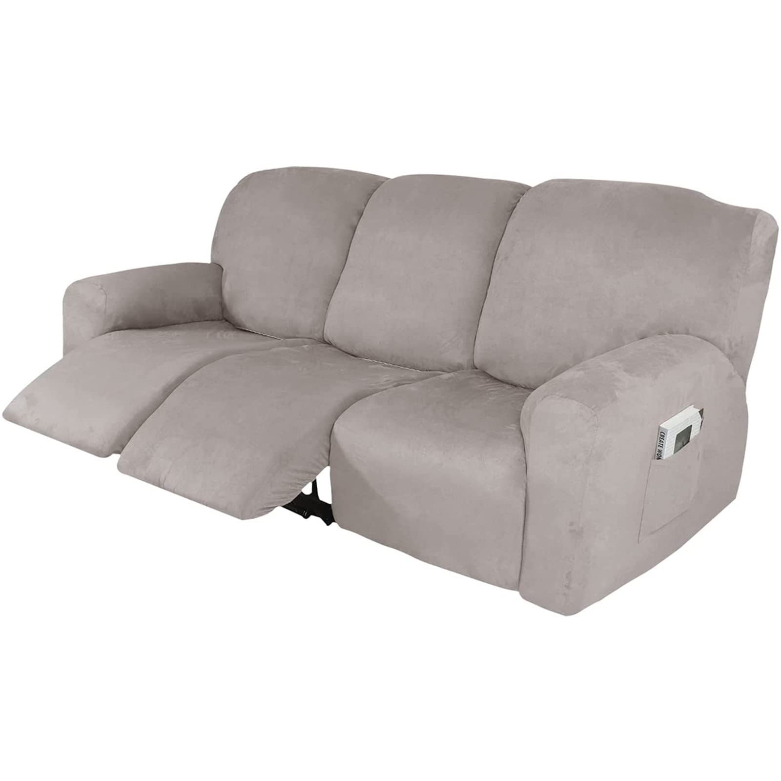 Velvet Stretch Recliner Sofa Cover - Soft Washable Slipcover for 3-Seater Reclining Couches | Khaki Furniture Protector | Perfect for Living Room, Home Theater & Lounge Areas