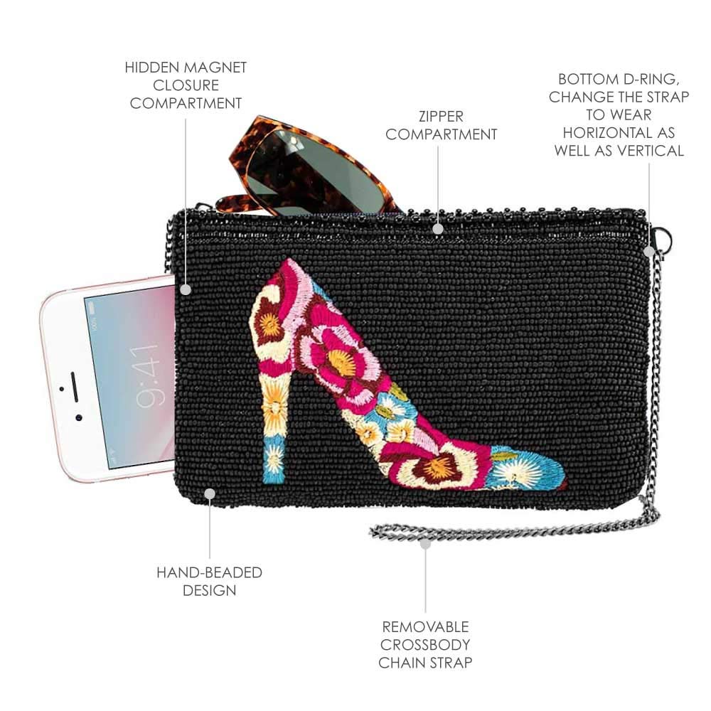 Mary Frances In Step Beaded Floral Embroidered High Heel Shoe Crossbody Phone Bag - Stylish Women's Fashion Accessory for Parties, Weddings & Evening Events