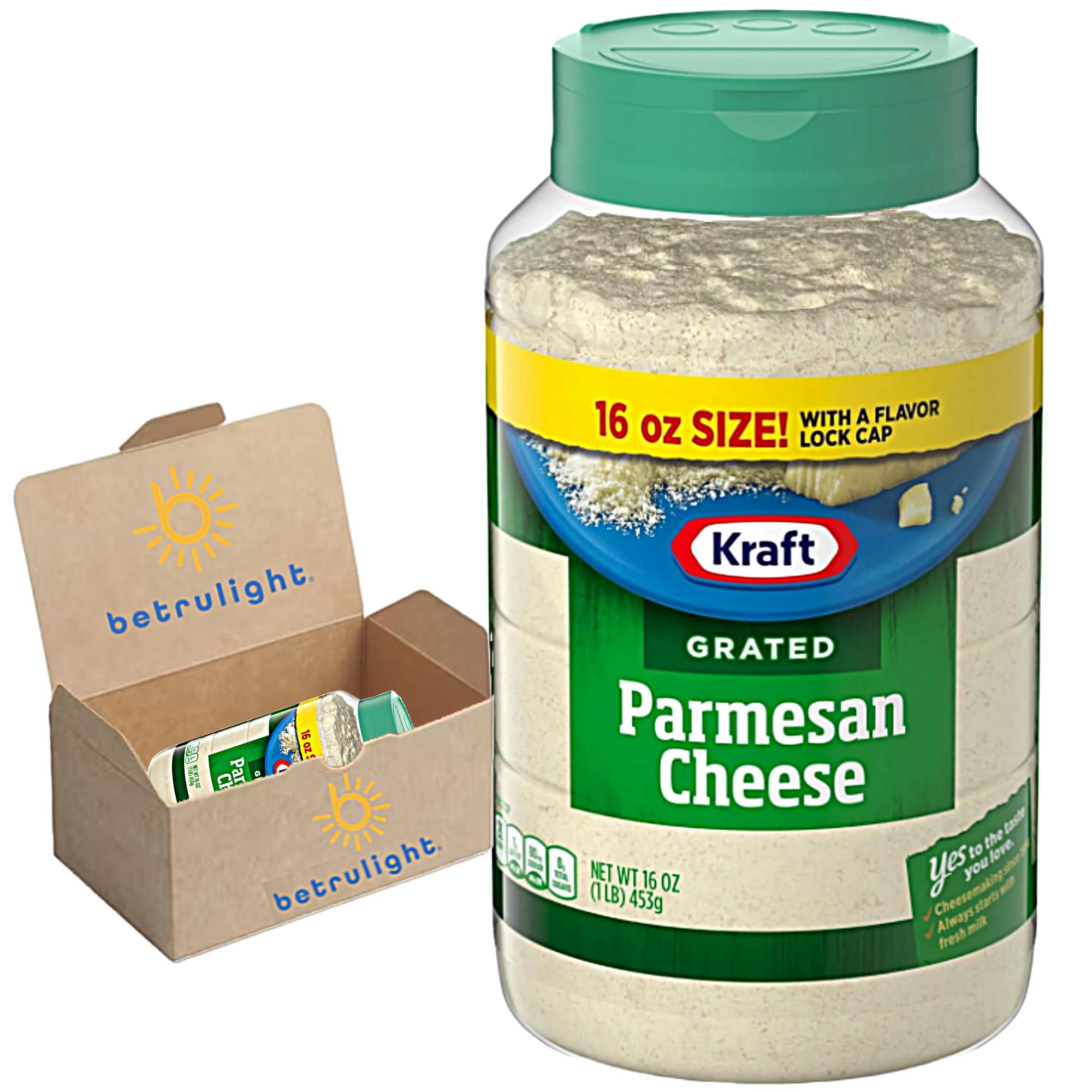 Kraft Parmesan Cheese Grated 16oz - Low Calorie, Low Fat Vegan & Keto Friendly Italian Cheese Powder | Perfect for Pasta, Pizza & Salads | Premium Quality Romano Cheese in Convenient Shaker | Elegantly Packaged in BETRULIGHT Brand Box