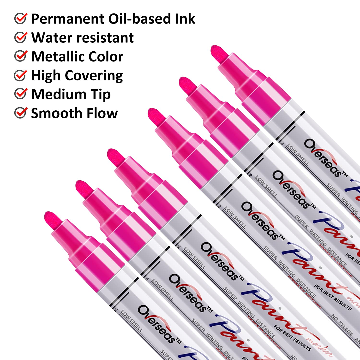 6 Pack Pink Permanent Oil-Based Paint Markers - Medium Tip Quick Dry Waterproof Paint Pens for Rock Painting, Wood Crafts, Fabric Art, Plastic, Canvas, Glass & Mugs - Ideal for DIY Projects, Home Decor & Gift Making