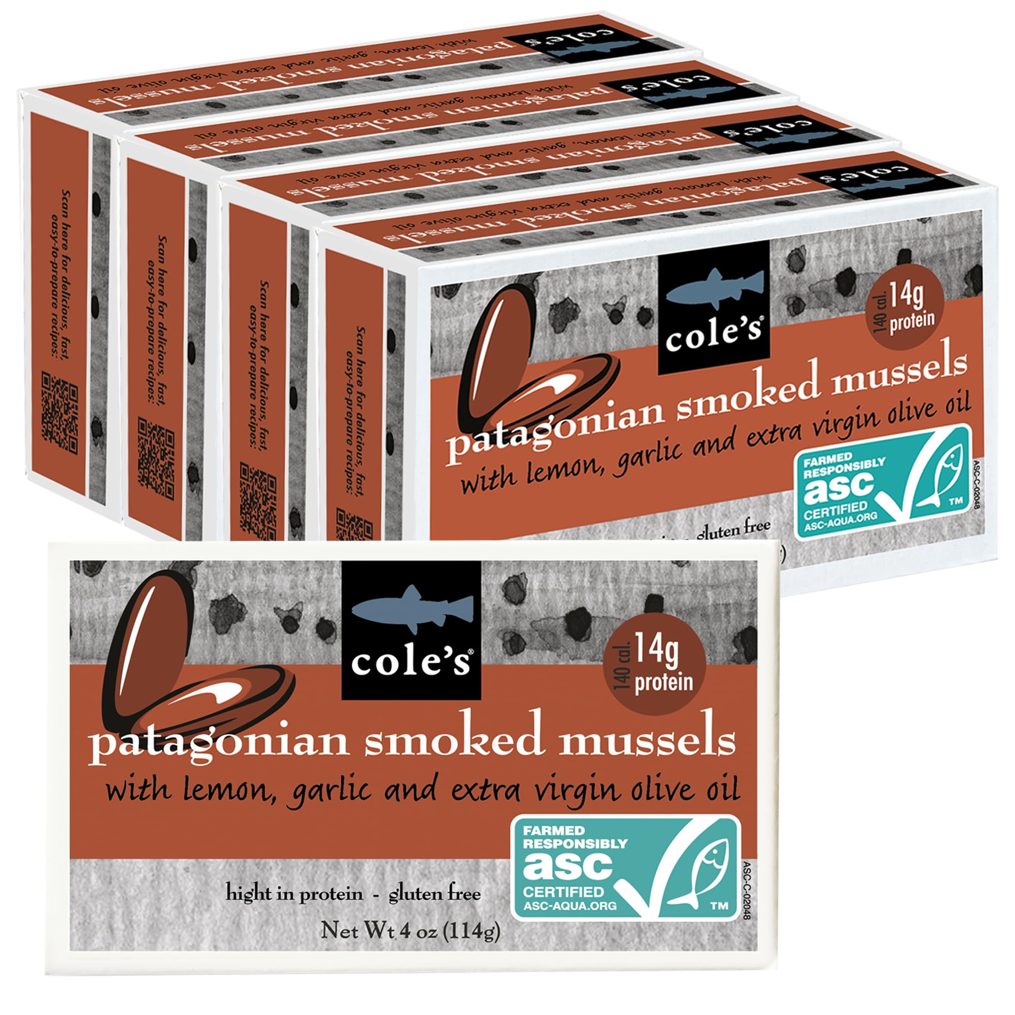 Cole's Patagonian Smoked Mussels in Lemon & Garlic Olive Oil | 4oz Canned Seafood | High Protein (14g per Can) | Pack of 5 | Perfect for Salads, Pasta & Charcuterie Boards