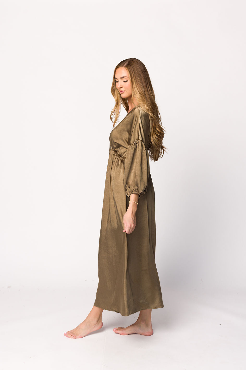 Hunter Premium Satin Midi Dress in Tapenade - Bump Friendly Maternity Dress for Special Occasions & Date Nights