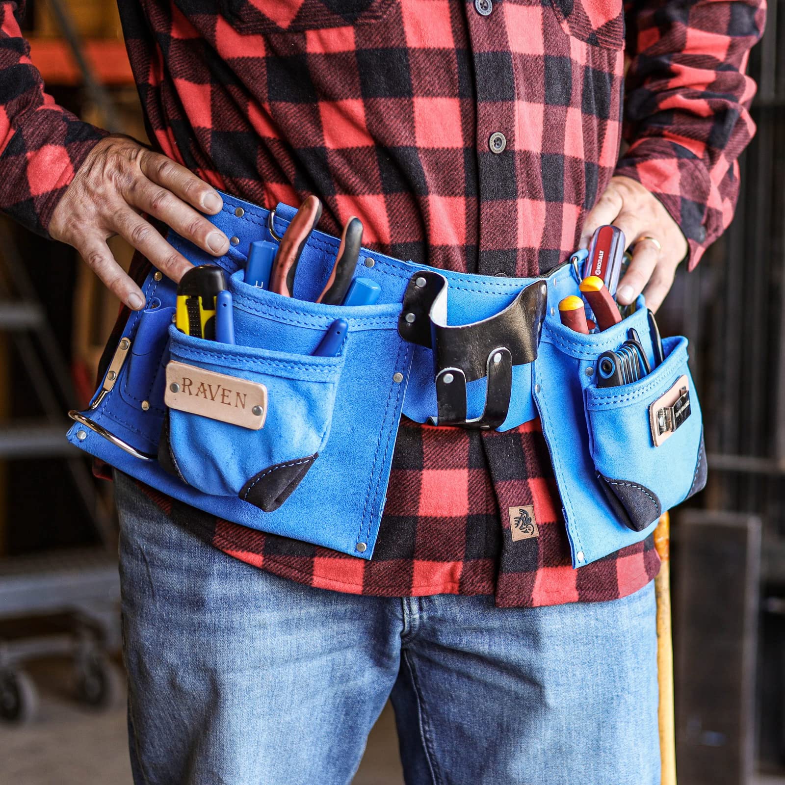 Heavy Duty 9 Pocket Leather Tool Belt for Hammer & Drill - Durable Work Pouch with Large Storage (Blue) - Perfect for Construction, Carpentry & DIY Home Improvement Projects