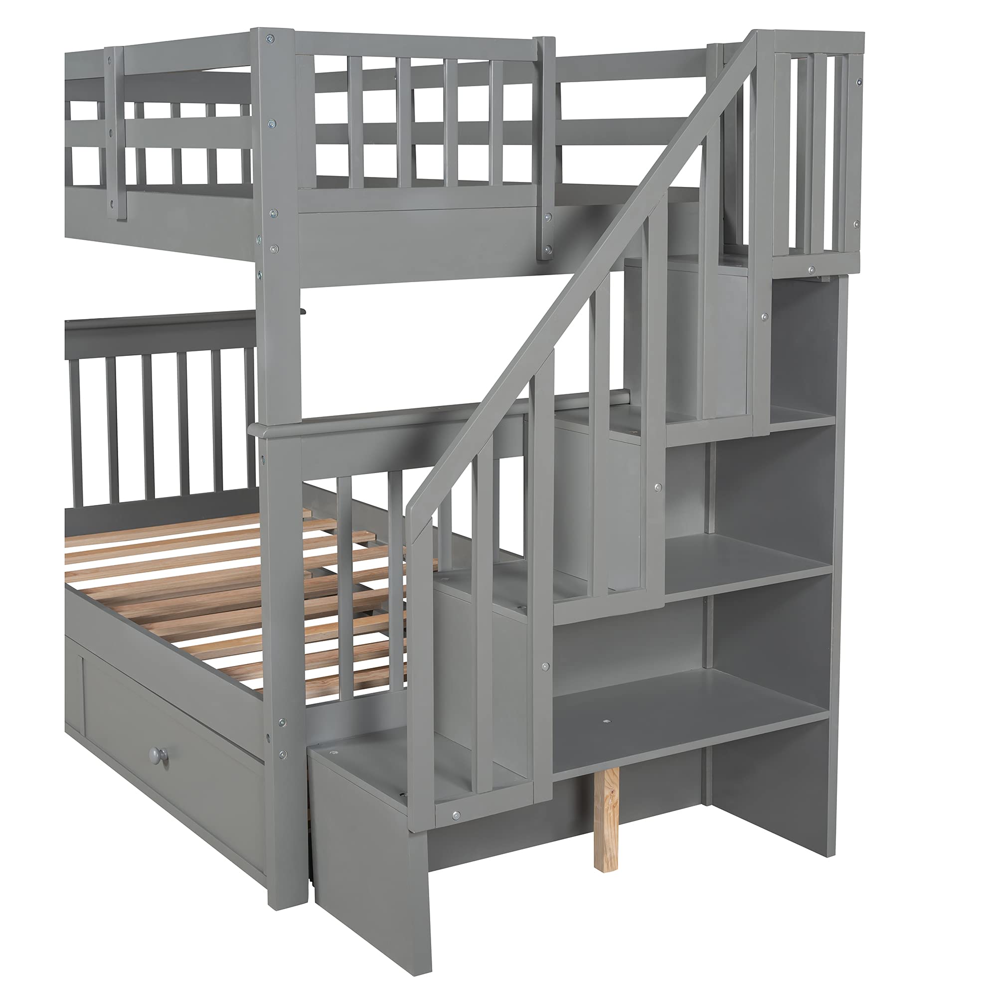 Twin Over Twin Bunk Bed with Trundle & 4-Step Storage Staircase - Safety Guard Rail Included - Space-Saving Bedroom Solution for Kids, Teens, Dorm Rooms & Small Spaces - No Box Spring Required - Perfect for Sleepovers, Guest Rooms & Shared Bedrooms
