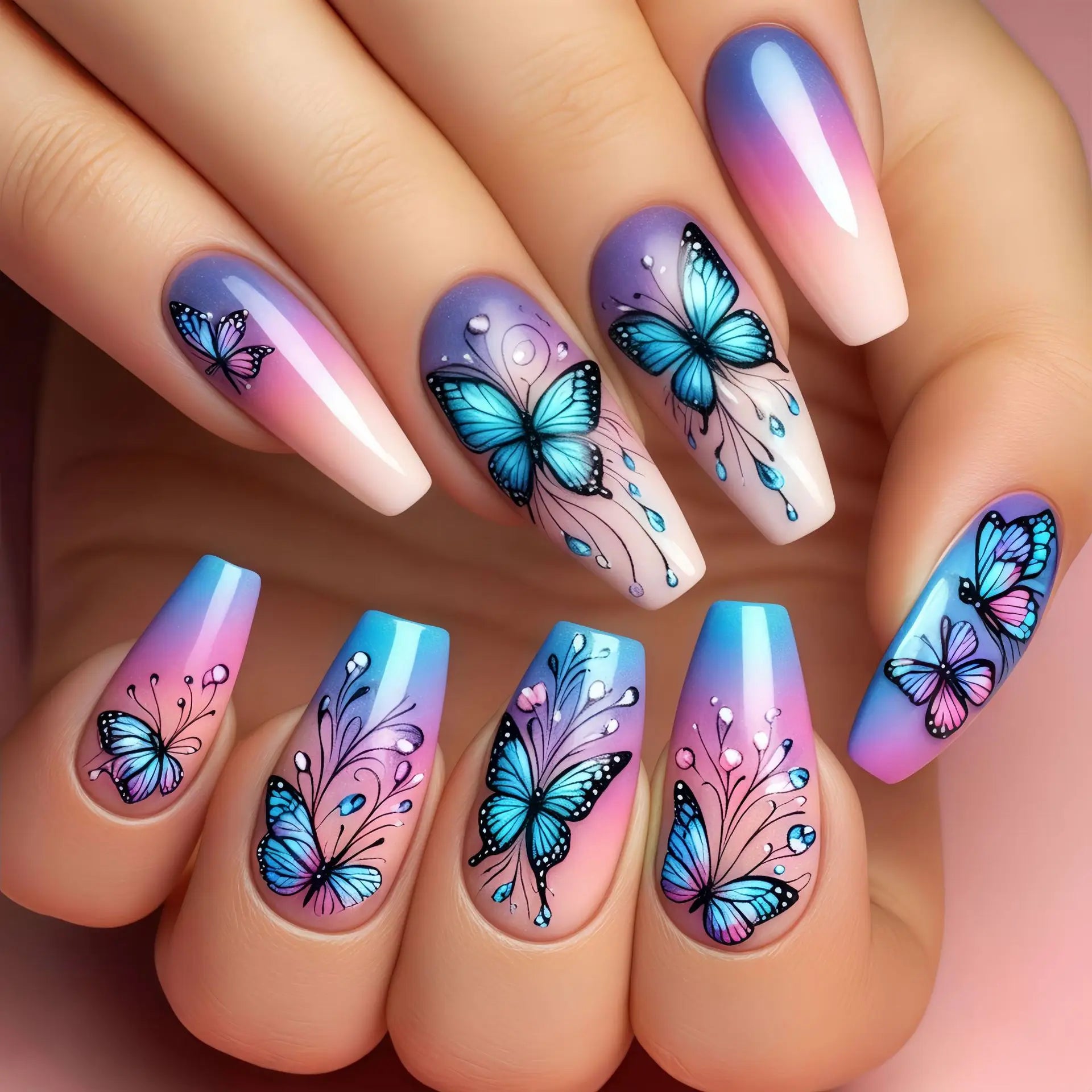 24Pcs Long Ballet Fake Nails - Blue Butterfly Design Gradient Dreamy Pink Purple Press on Nails, Full Cover Acrylic Nails for Women, Perfect for Parties, Weddings & Special Occasions