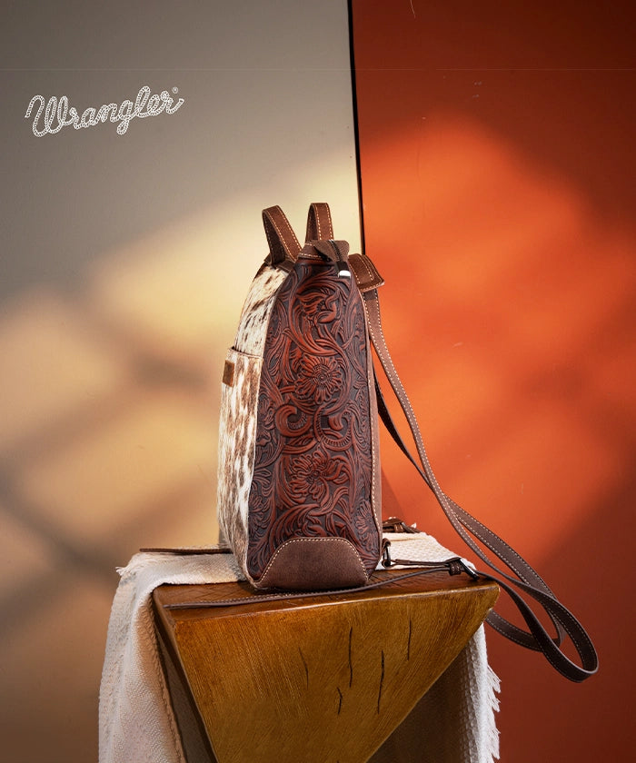 Wrangler Genuine Hair-On Cowhide Convertible Backpack for Men & Women - Durable Leather Travel Bag for Work, Hiking & Outdoor Adventures