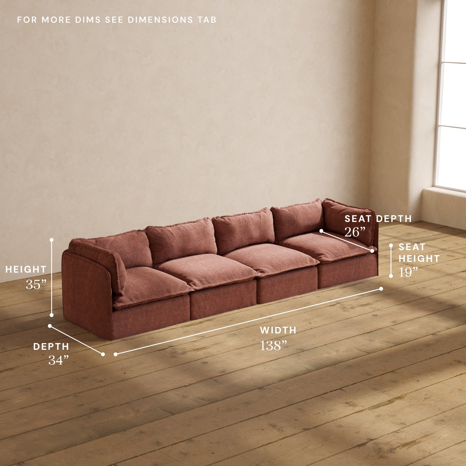 Premium Modular Performance 4-Seater Sofa in Rich Chestnut Brown | Luxurious Relaxed Blend Fabric | Perfect for Living Rooms, Home Theaters & Cozy Family Gatherings