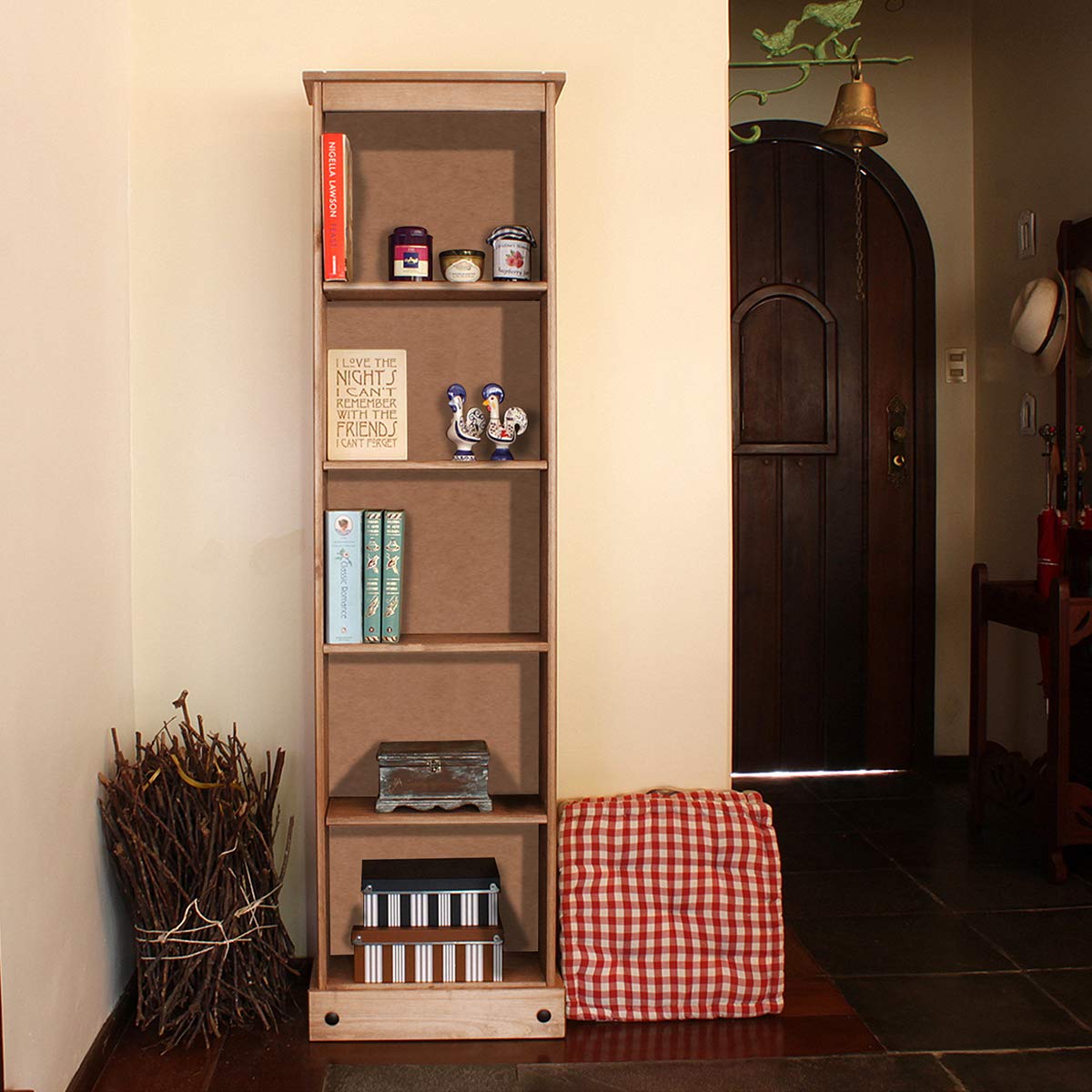 Narrow Corner Bookshelf for Laundry Room - Antique Brown Storage Cabinet with Shelves - 18.11