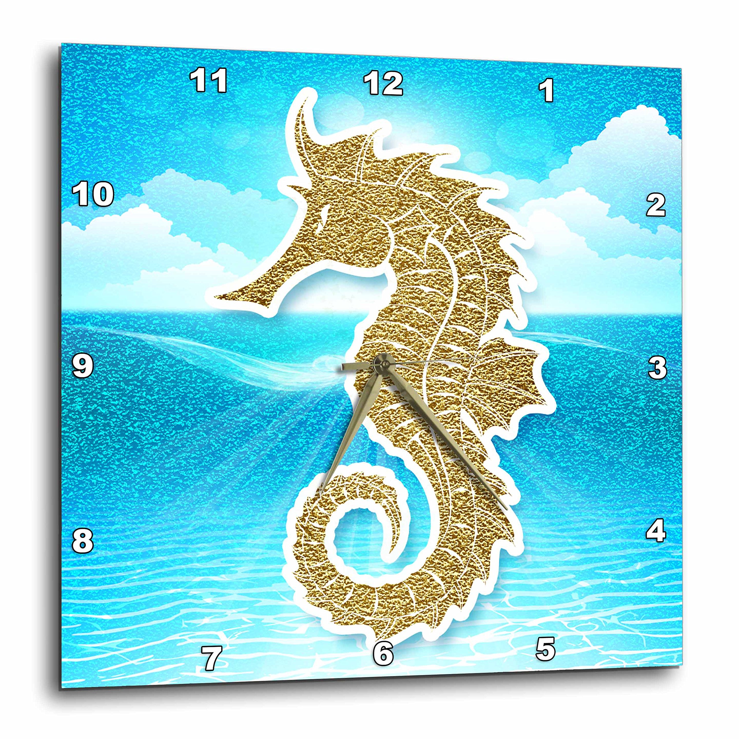 3D Rose Gold Glitter Seahorse Wall Clock - 13x13 Inch Tropical Ocean Themed Decorative Clock for Beach House, Bathroom, or Coastal Home Decor