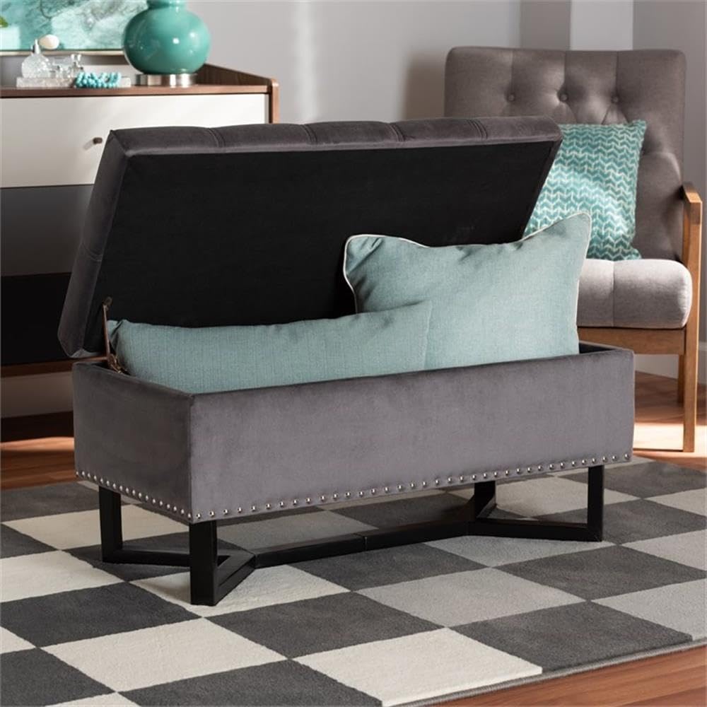 BOWERY HILL Grey Velvet Upholstered Storage Ottoman with Brown Wooden Legs - Perfect for Living Room, Bedroom, or Entryway Organization