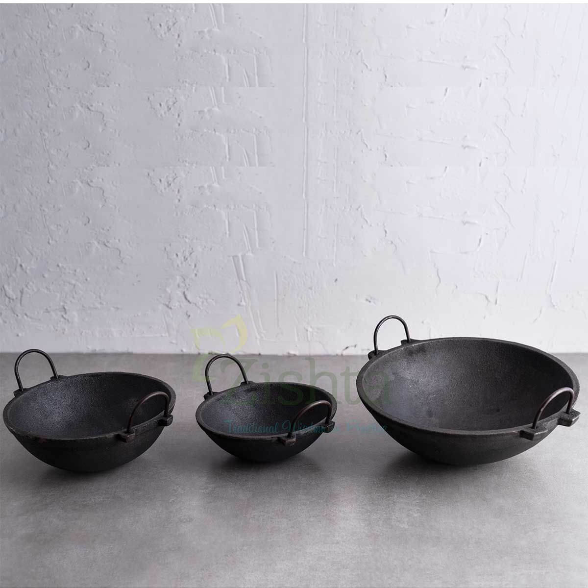 Premium Cast Iron Kadai Combo Set - 3-Piece Indian Wok & Cookware for Authentic Curry, Stir Fry & Deep Frying - Perfect for Home Cooking, Camping & Outdoor BBQ