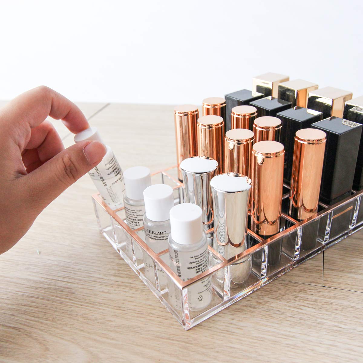 Moonlight Rose Gold Acrylic Lipstick Holder & Organizer - 24 Slot Makeup Storage for Vanity or Drawer | Perfect for Cosmetic Display & Beauty Counter Organization