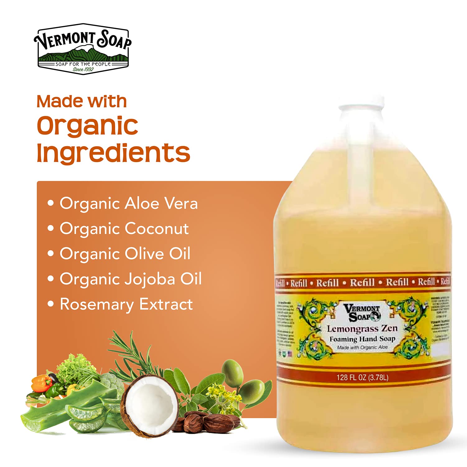 Vermont Organics Foaming Hand Soap - Ready-to-Use Lemongrass Scented Liquid Soap with Pre-Diluted Formula | Gallon Refill Size for Home, Office & Commercial Use | Natural & Economical Hand Wash Solution