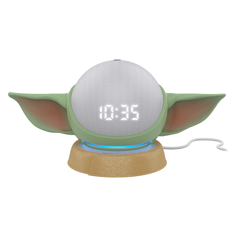 Echo Dot (4th Gen) Smart Speaker with Clock - Glacier White | The Mandalorian Baby Grogu Inspired Stand | Alexa Voice Control | Perfect for Bedroom, Office & Home Decor