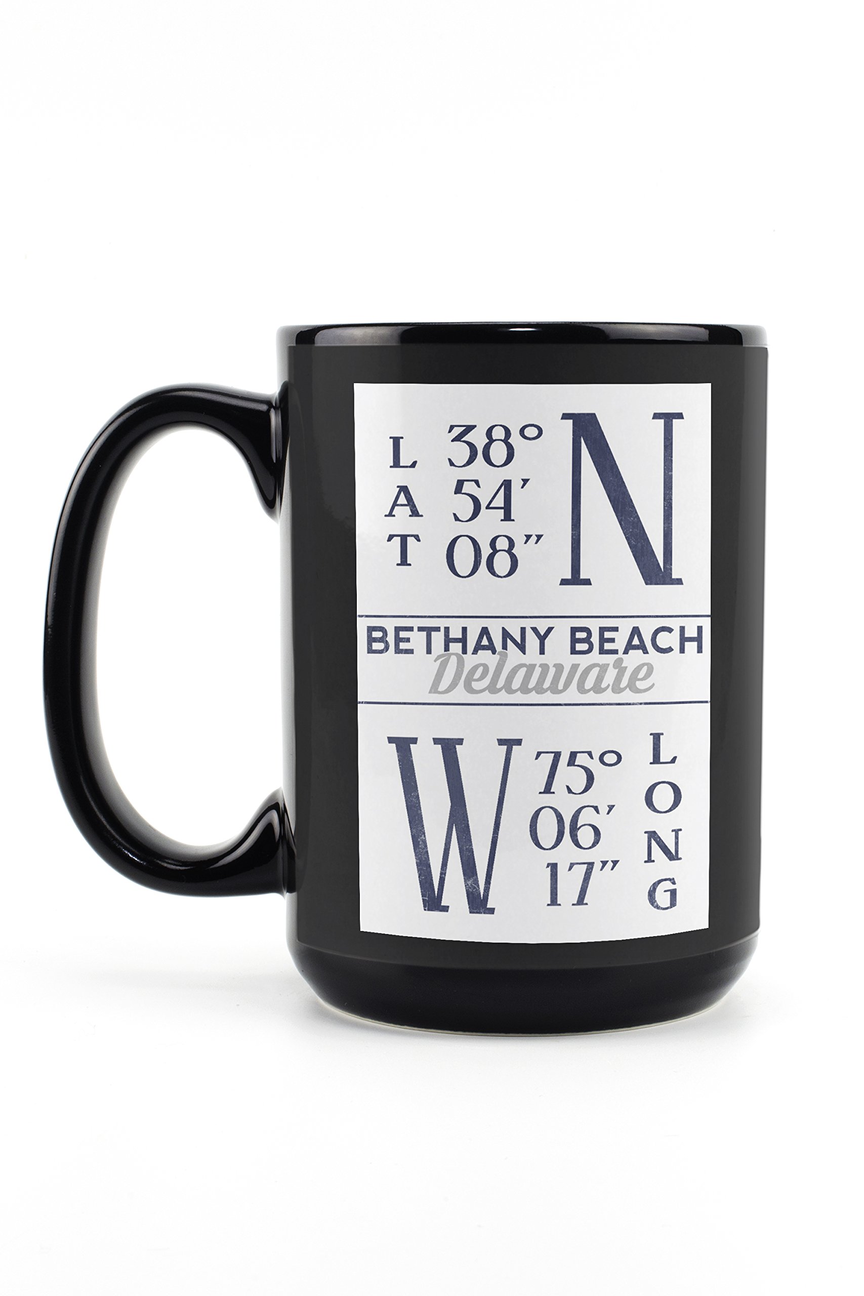 Lantern Press Bethany Beach Delaware Latitude Longitude Blue 15oz Black Ceramic Coffee Mug - Microwave & Dishwasher Safe - Perfect for Home, Office & Travel