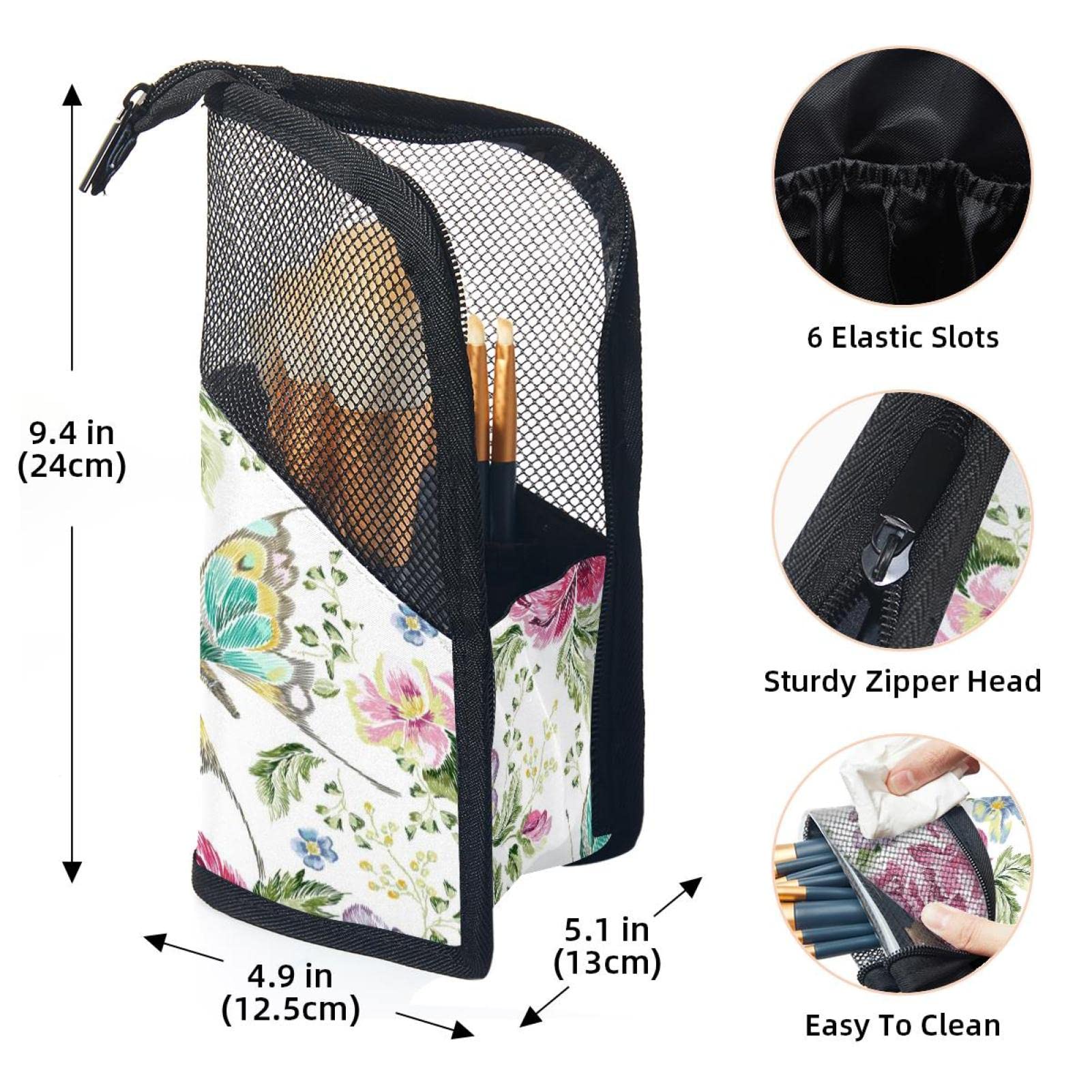 12-Piece Makeup Brush Organizer Bag with Watercolor Peony & Butterfly Design - Portable Cosmetic Brush Holder Case for Travel & Home Storage