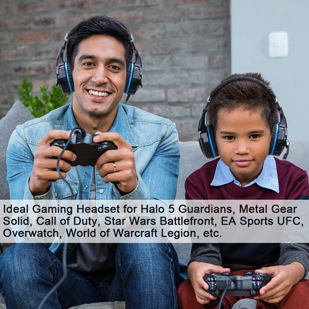 Premium Stereo Gaming Headset for PS4, PS5, PC, Xbox One & Nintendo Switch - Noise Cancelling Over-Ear Headphones with Mic, LED Lights & Deep Bass Surround Sound - Soft Memory Foam Earmuffs for Long Gaming Sessions - Perfect for FPS, RPG & Online Multiplayer Games (Blue)