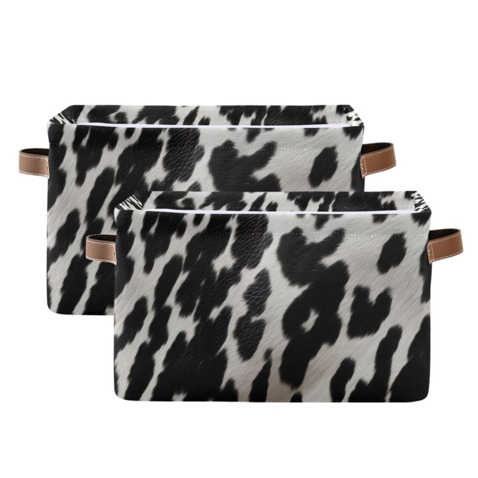 Cow Print Storage Baskets - Foldable Canvas Fabric Organizer Box with Handles - 2 Pack Rectangle Clothes Storage Bins for Home, Office, Closet & Shelves - Perfect for Bedroom, Laundry Room & Kids Room Organization