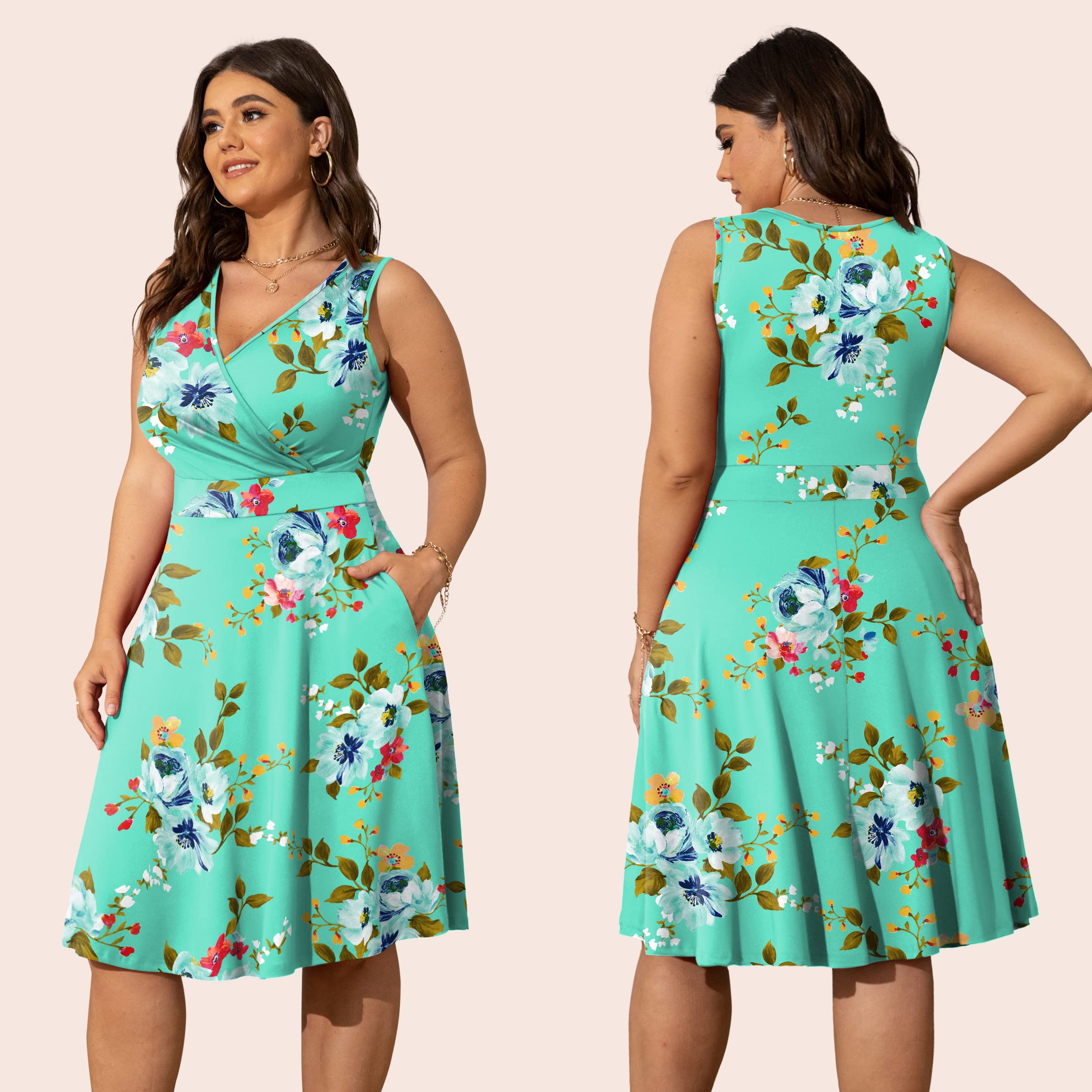 POSESHE Women's Plus Size Sleeveless Wrap V-Neck Sundress - Casual Summer Wedding Guest Cocktail Dress with Pockets | Perfect for Beach Vacations, Garden Parties & Date Nights