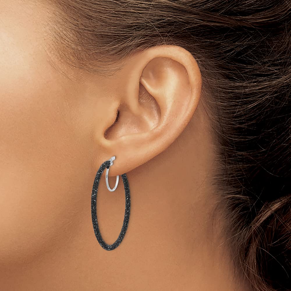925 Sterling Silver Black Glitter Enamel Hoop Earrings for Women | 37mm Sparkling Dangle Earrings | Perfect for Parties, Weddings & Everyday Wear