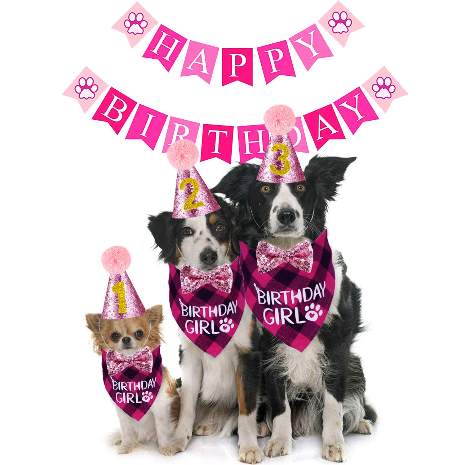 STMK Dog Birthday Bandana & Party Set - Cute Triangle Scarf with Number Hat & Bowtie for Birthday Celebrations | Perfect for Dog Birthday Parties, Photo Shoots & Special Occasions (Pink)