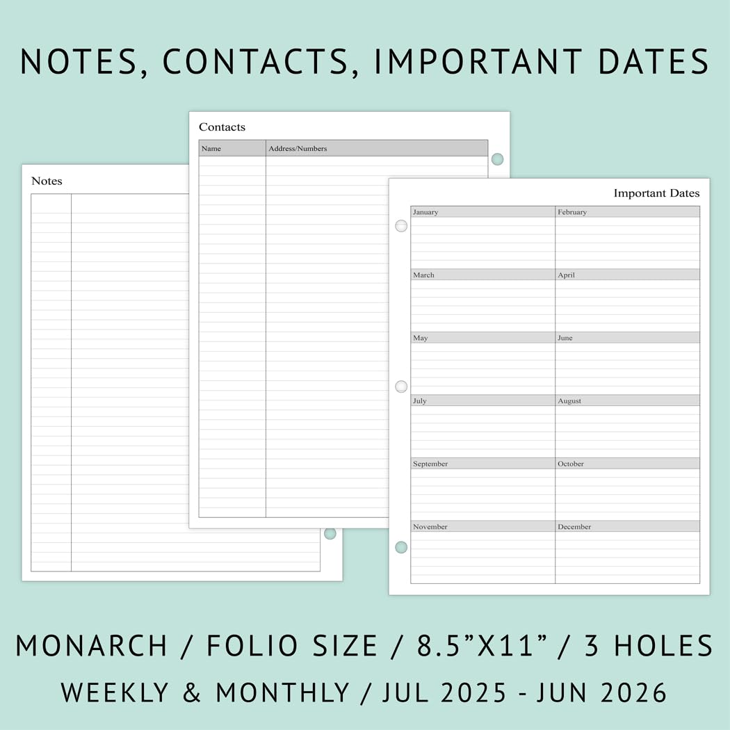 Newestor 2025-2026 Weekly Planner Refill Pages for 3-Ring Binder - July 2025 to June 2026 Calendar with Monthly Tabs, 8.5