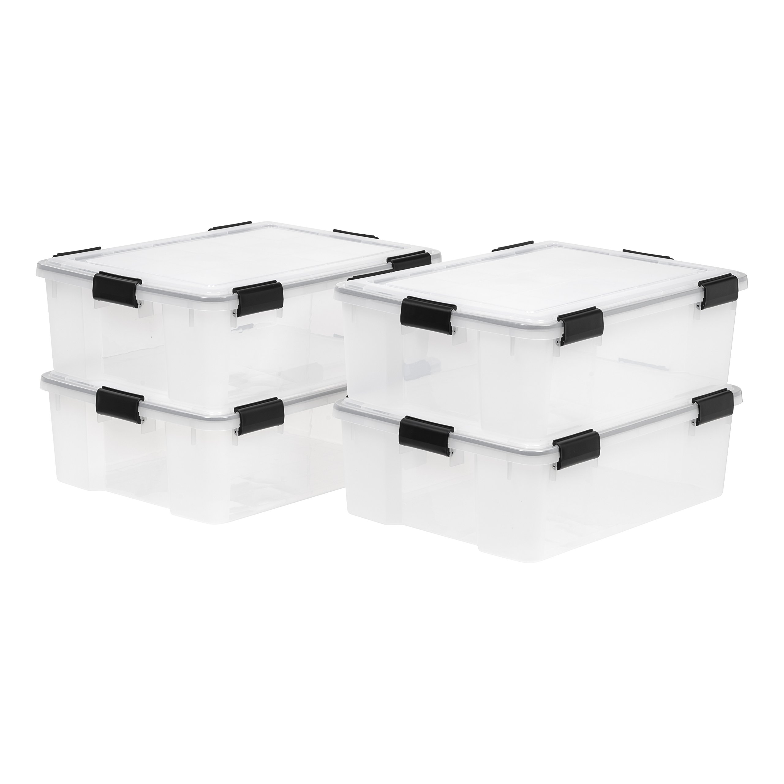 IRIS USA WeatherPro 41 Qt Clear/Black Storage Bins with Lids, 4-Pack BPA-Free Plastic Gasket Box - Airtight Seal, Stackable & Nestable Tote Tubs for Home Organization, Pantry, Garage, and Closet Storage
