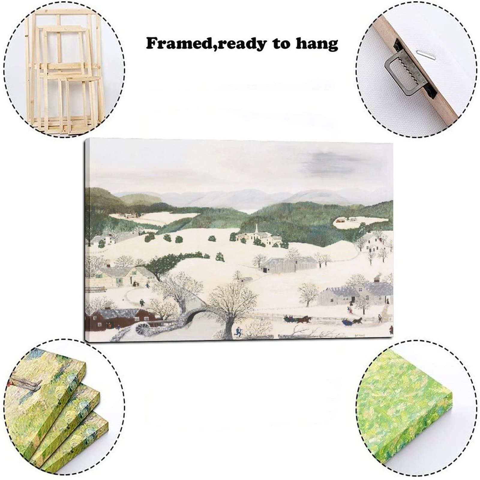 Grandma Moses Winter Painting - 'Over The River to Grandma's House' Canvas Wall Art Print 12x18 inches (30x45cm) - Famous Folk Art Decor for Living Room, Bedroom & Office