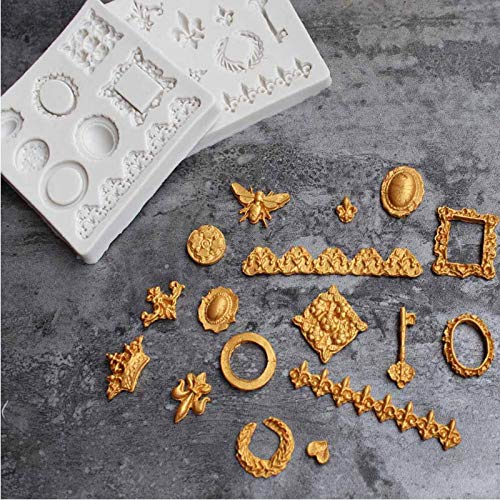 2Pcs Bee Crown Key Mirror Heart Lace Photo Frame Silicone Molds - Fondant, Chocolate, Candy, Soap, Resin Craft Molds for DIY Desserts, Cupcake Toppers, Ice Cubes & Birthday Party Decorations - Perfect for Baking, Cake Decorating and Handmade Crafts