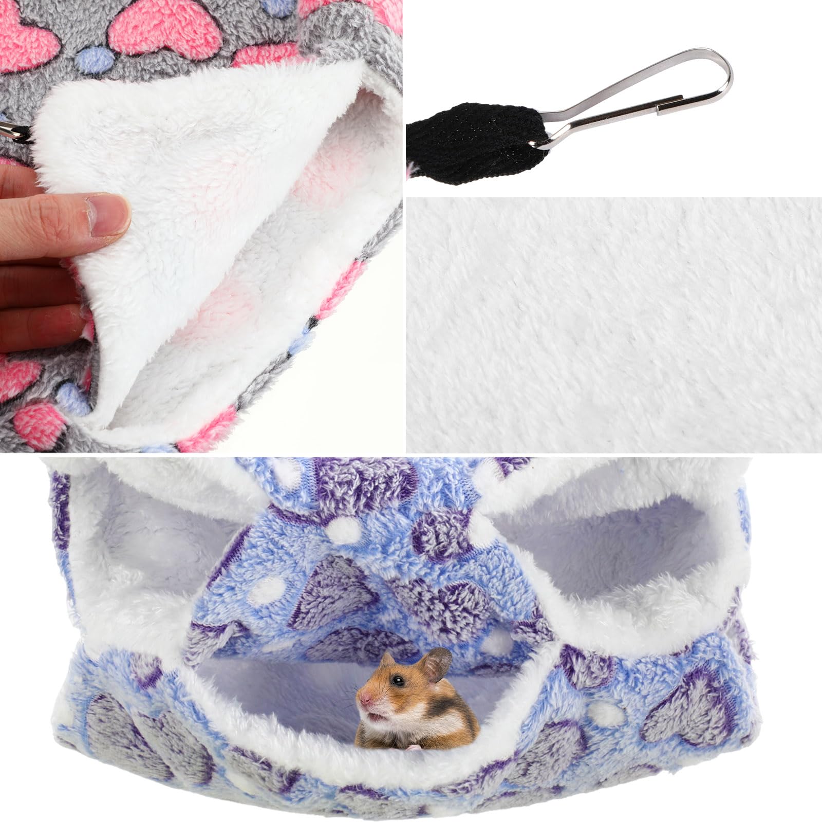 Abbylike 9-Piece Small Pet Hammock Set - Guinea Pig, Ferret, Hamster Hanging Bed & Tunnel Toy - Cage Accessories in Purple, Brown, Gray Heart Patterns - Perfect for Playtime & Cozy Napping in Small Animal Cages