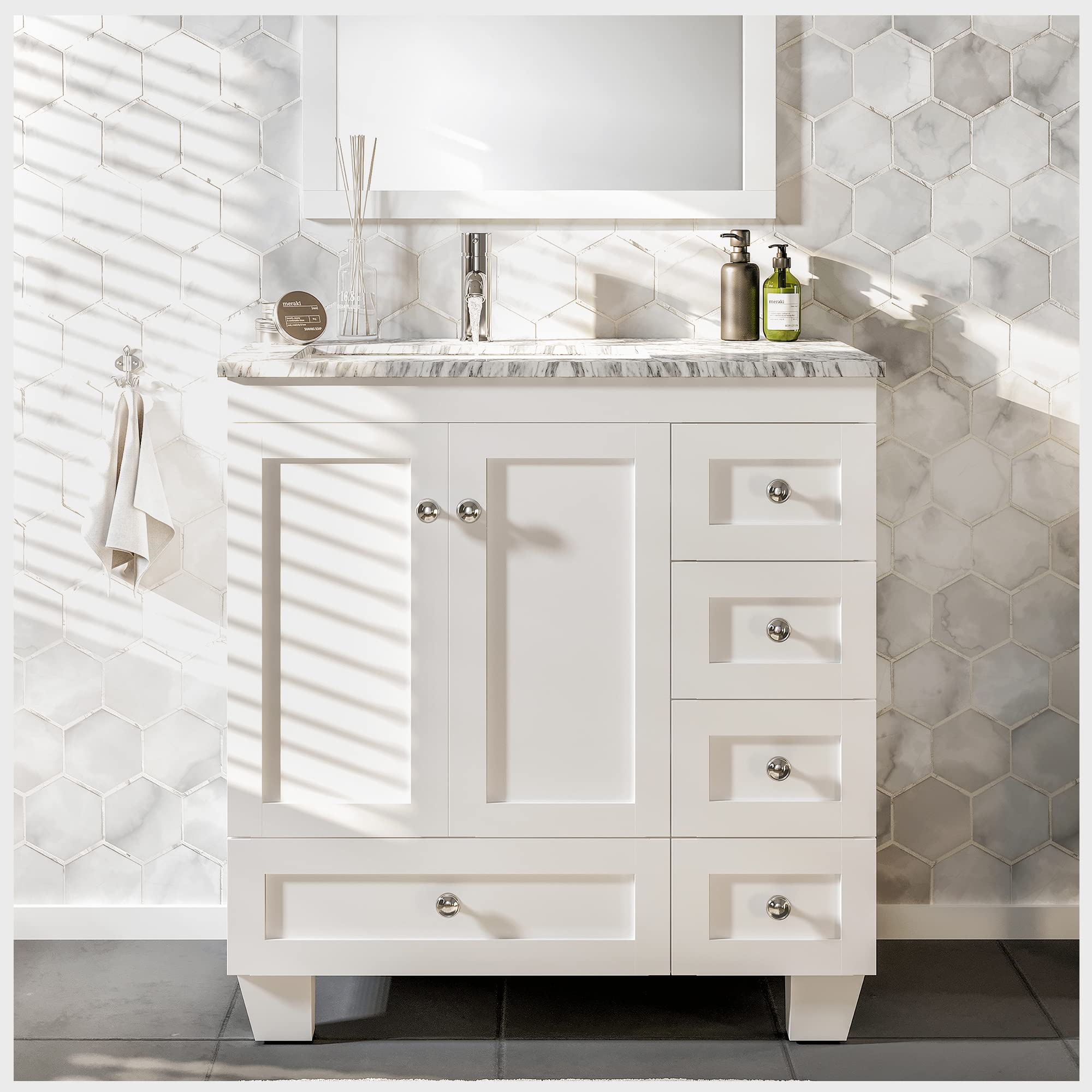 Eviva 30 Inch White Bathroom Vanity - Elegant Wood Bathroom Sink Cabinet with Mirror | Modern Vanity Set for Small Bathrooms & Master Bath Décor