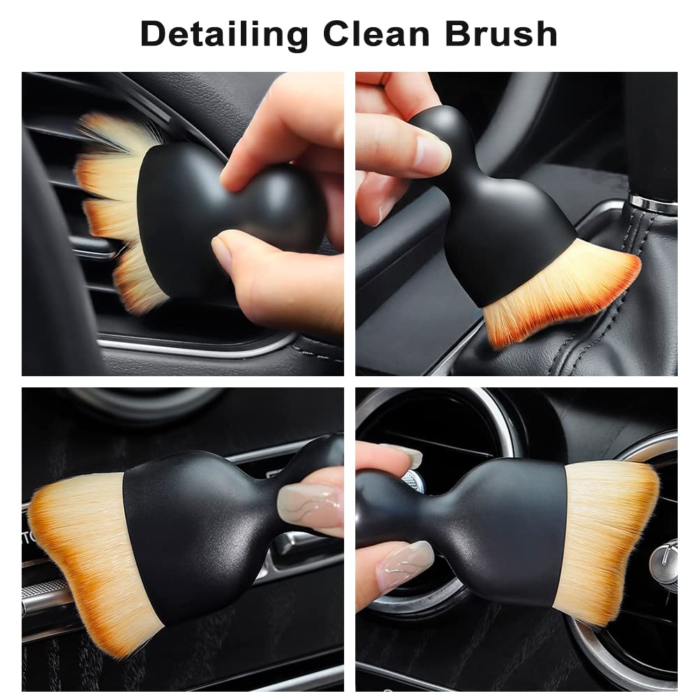 Premium Car Detailing Brushes Set - Dual Head Interior Cleaning Kit with Protective Cover | Perfect for Car Vents, Dashboard, Leather Seats & Electronics | Grey & White (Car Detailing Accessories)