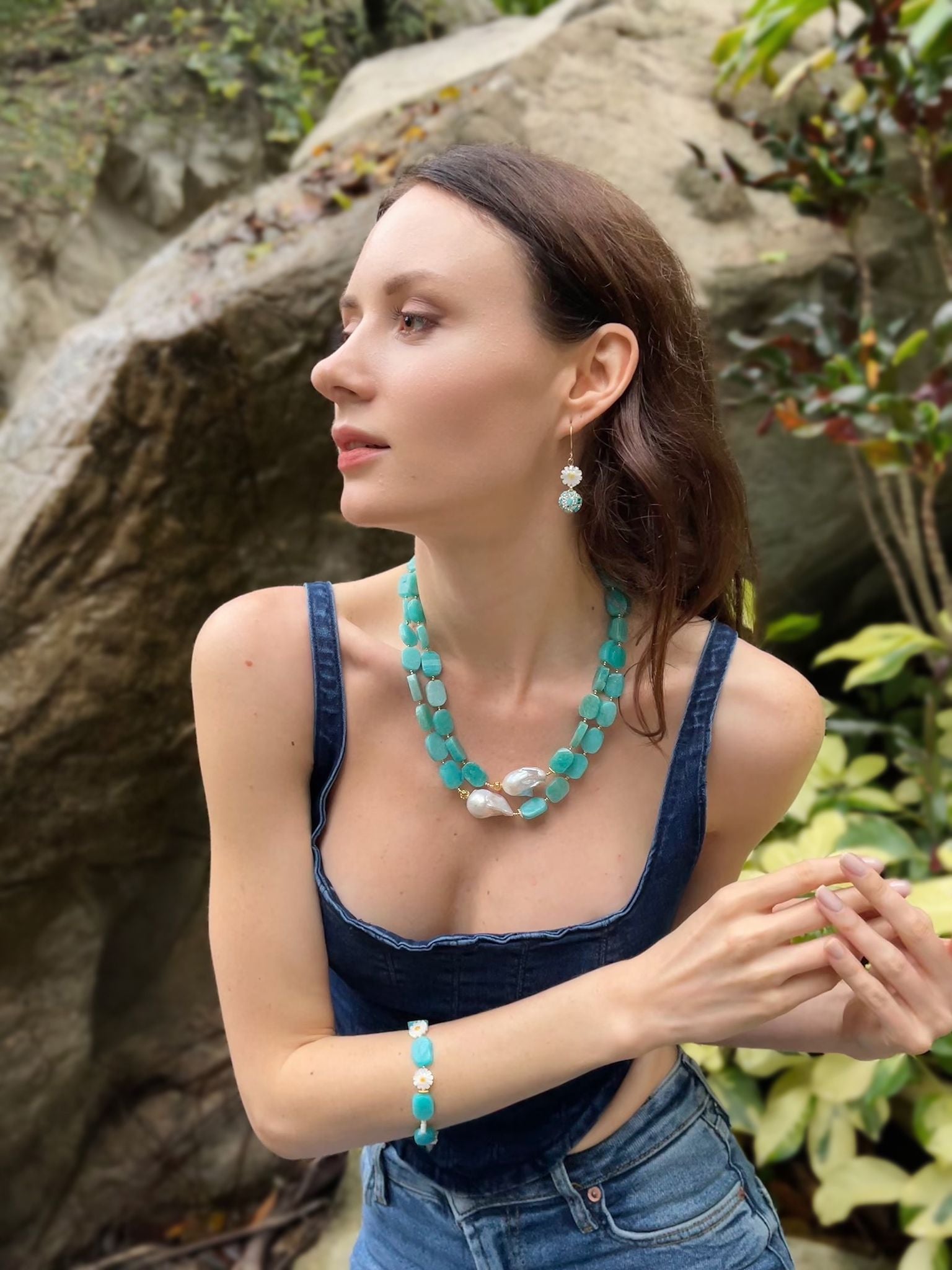 Amazonite and Baroque Pearls Double Layer Necklace GN024 - Elegant Statement Jewelry for Women, Perfect for Weddings, Parties & Special Occasions