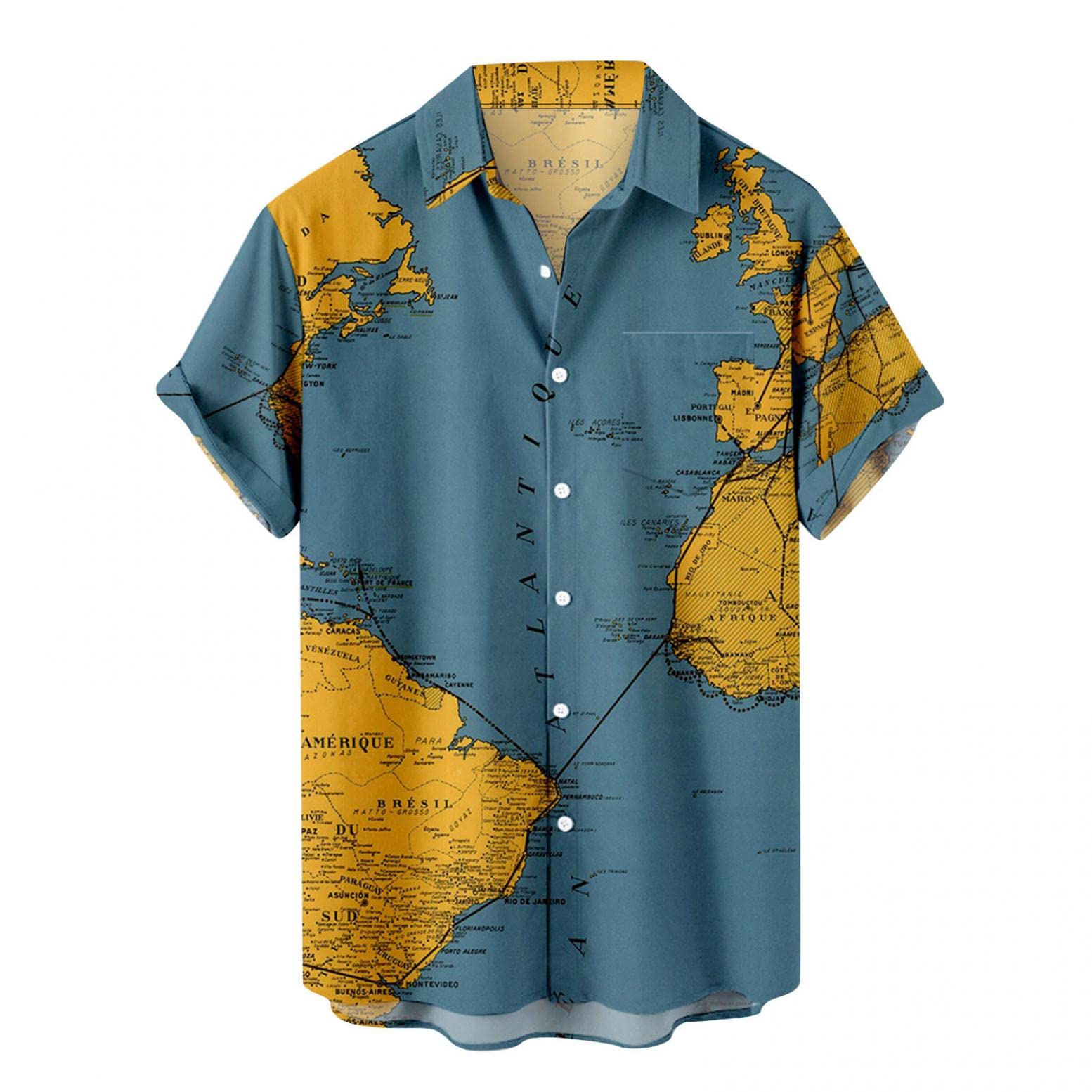 Men's Hawaiian Shirts - USNSM Casual Summer Short Sleeve Button Down Shirts with Map Print for Beach, Bowling & Tropical Vacations