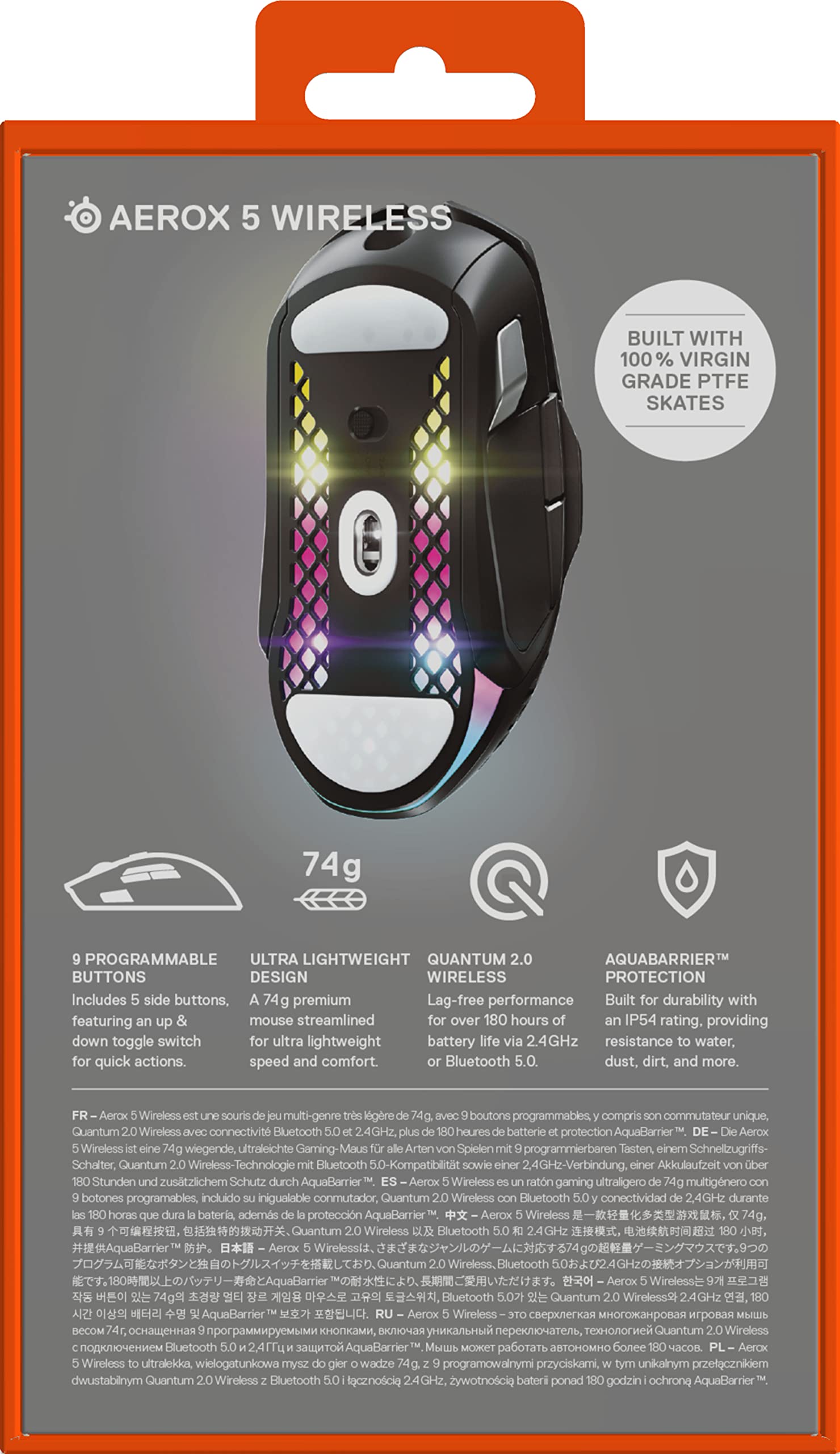 SteelSeries Aerox 5 Wireless RGB Gaming Mouse - Ultra-Lightweight Honeycomb Design with Water-Resistant Coating - 9 Programmable Buttons - Bluetooth & 2.4GHz Wireless - 18,000 DPI TrueMove Air Optical Sensor - Perfect for FPS, MOBA, and Esports Gaming