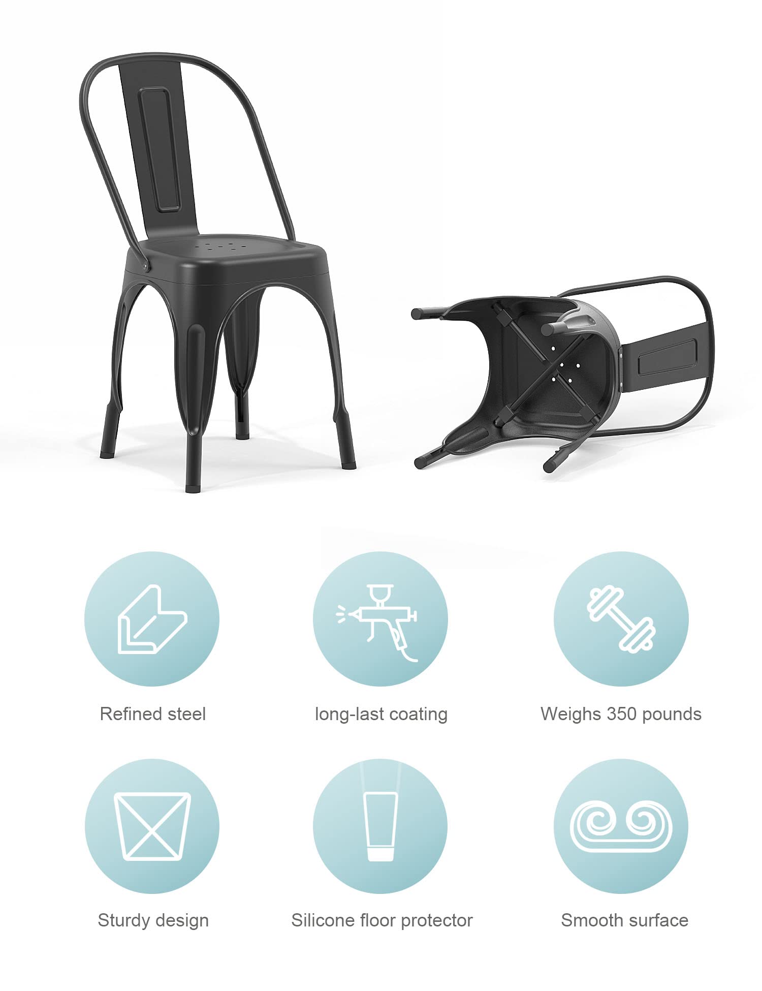 Nazhura Metal Dining Chair Set of 4 - 18 Inch Stackable Farmhouse Tolix Style Chairs for Kitchen, Dining Room, Café, Restaurant, Bistro & Patio - Waterproof Indoor/Outdoor Use - Perfect for Home, Commercial Spaces & Outdoor Entertaining (Black)