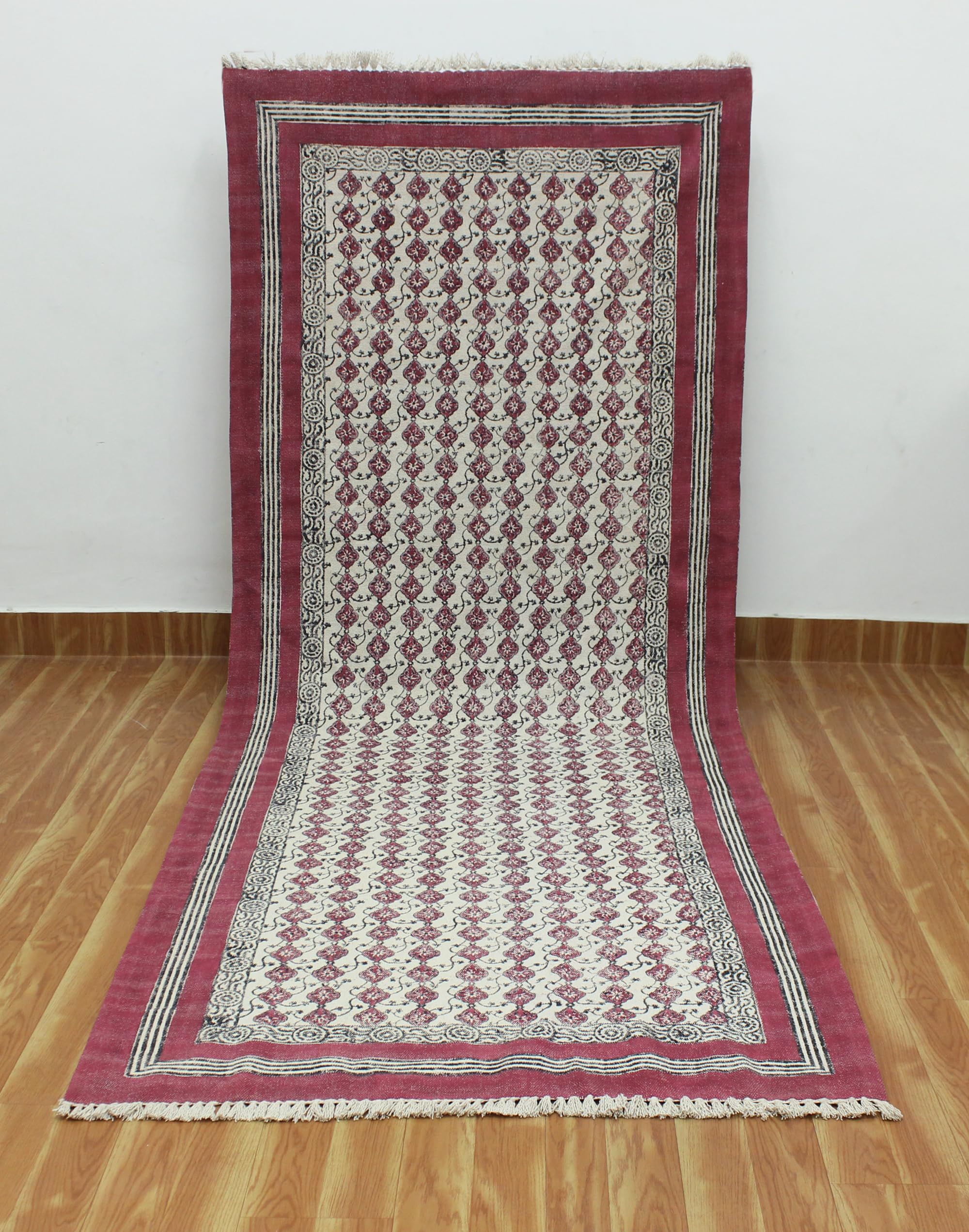 12x18 Ft Maroon Red Cotton Dhurrie Floral Kilim Rug - Handwoven Flatweave Indoor Outdoor Carpet for High Traffic Areas | Perfect for Bedroom, Dining Room & Living Room Decor